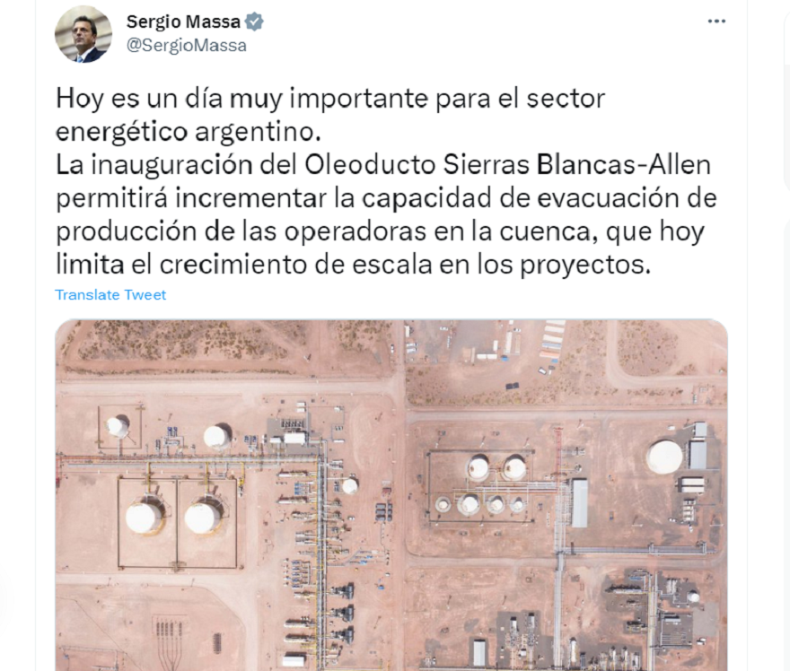 Massa destacó la funcionalidad del nuevo oleoducto, financiado por Shell.