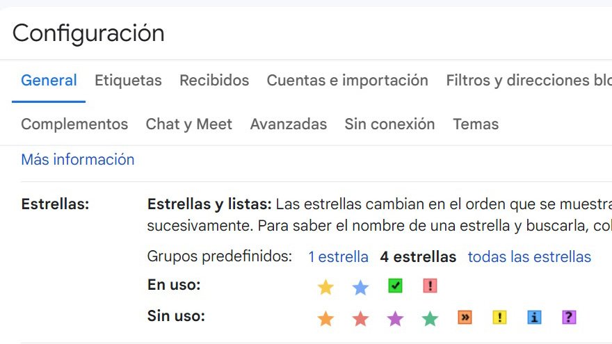 Gmail permite emplear estrellas de varios colores para identificar cada mail o conversación.