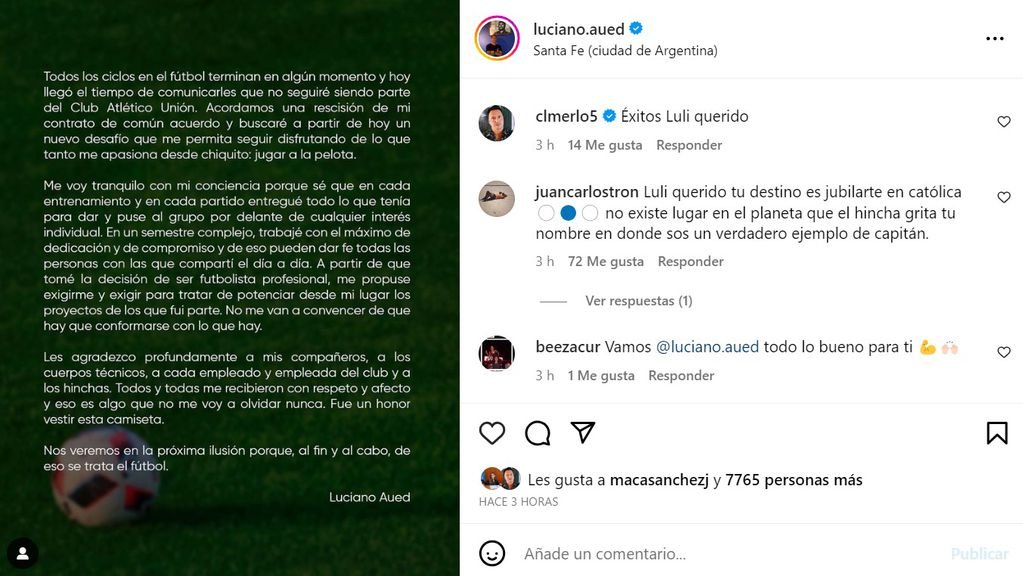 Posteo de Luciano Aued despidiéndose de Unión de Santa Fe