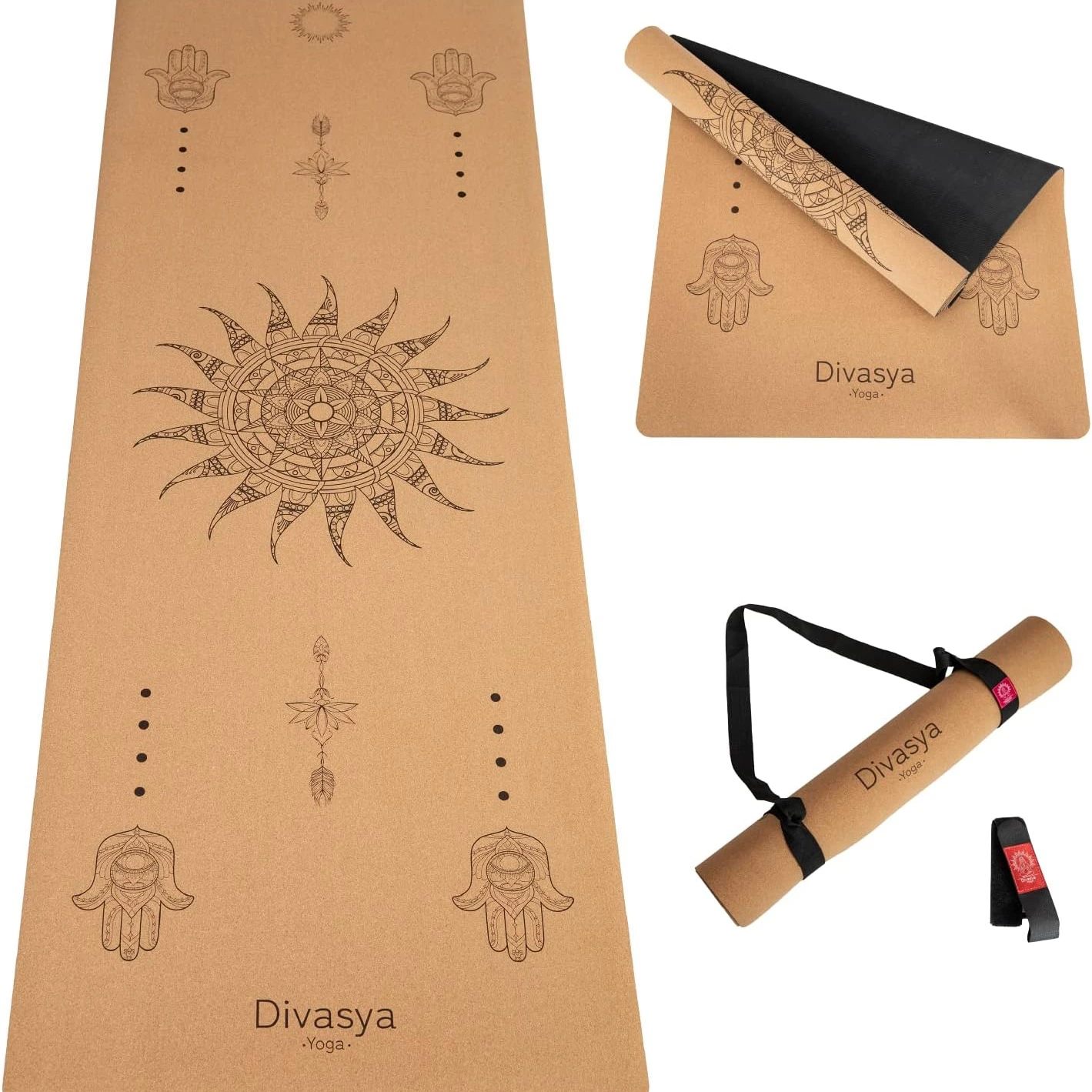 DIVASYA-Esterilla de yoga premium de corcho antideslizante: de caucho natural antideslizante y corcho, natural y sostenible, extra ancha y extra gruesa (183 x 66 x 0,4 cm), con correa de transporte