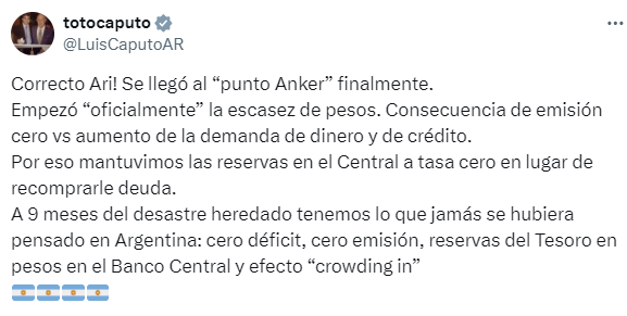 Toto Caputo afirmó que la economía tuvo un punto de inflexión en el que el crédito demanda más pesos