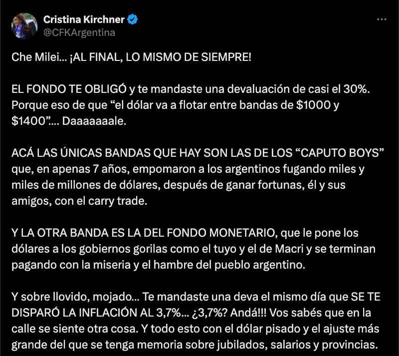 El posteo de Cristina Fernández a Javier Milei en X
