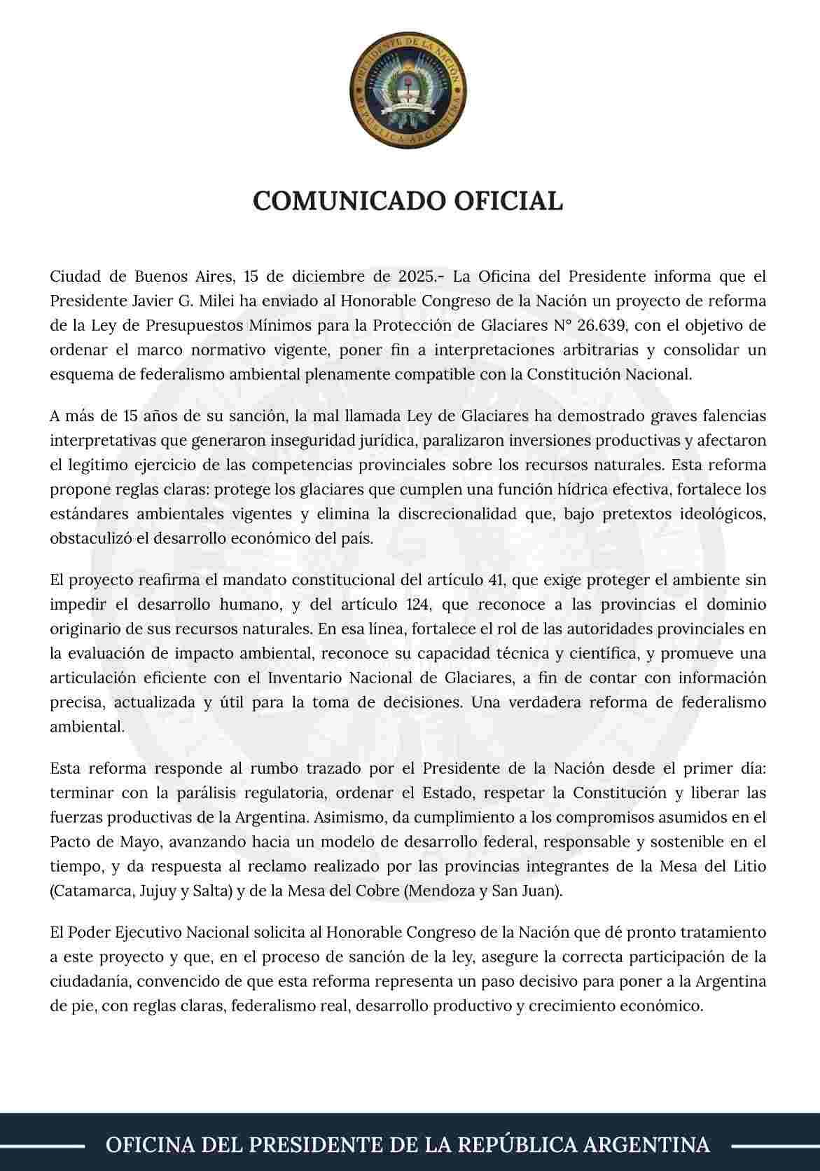 Javier Milei envió al Congreso el proyecto para modificar la ley de glaciares