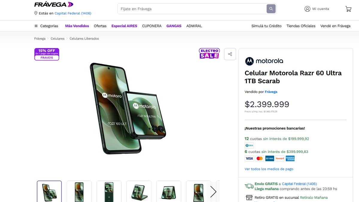 El celular plegable de Motorola en Frávega el 14 de enero.