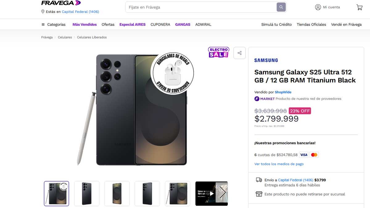 El Samsung Galaxy S25 Ultra en Frávega el 14 de enero.