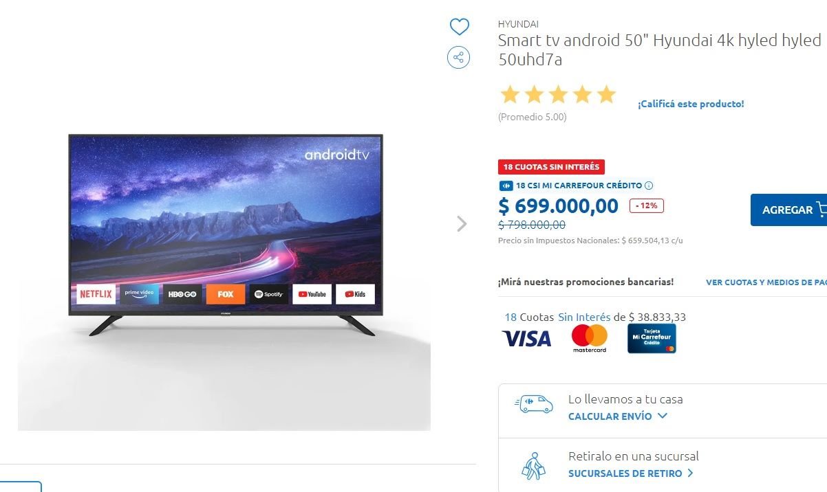 Una de las ofertas de Carrefour: un Smart TV que se puede comprar con descuento y en 18 cuotas