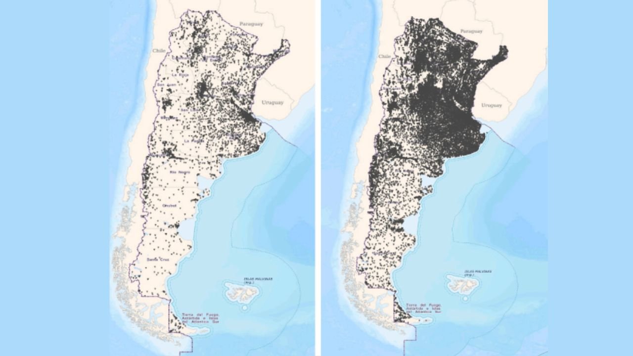 El mapa que compartió Sturzenegger: a la izquierda, los usuarios de Starlink en 