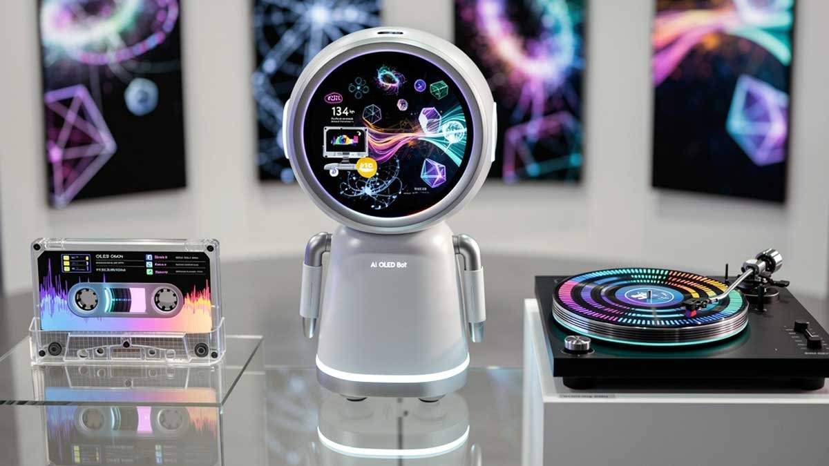 El robot de Samsung junto a objetos retro.