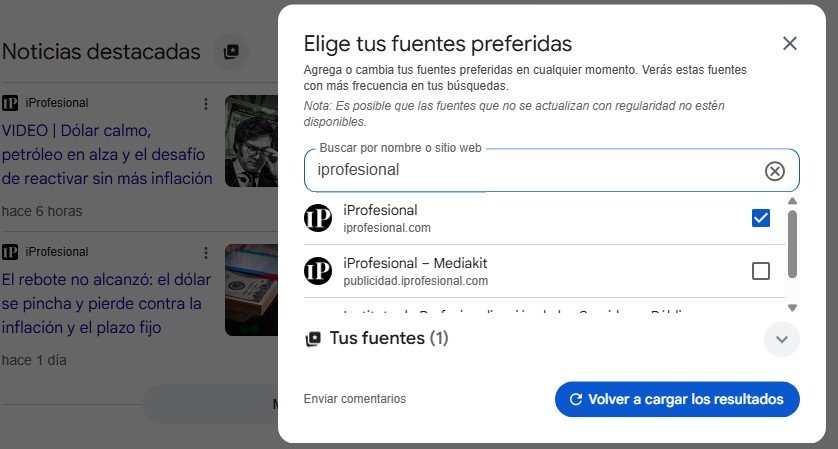 Se despliega una ventana que permite seleccionar a iProfesional como fuente preferida en Google