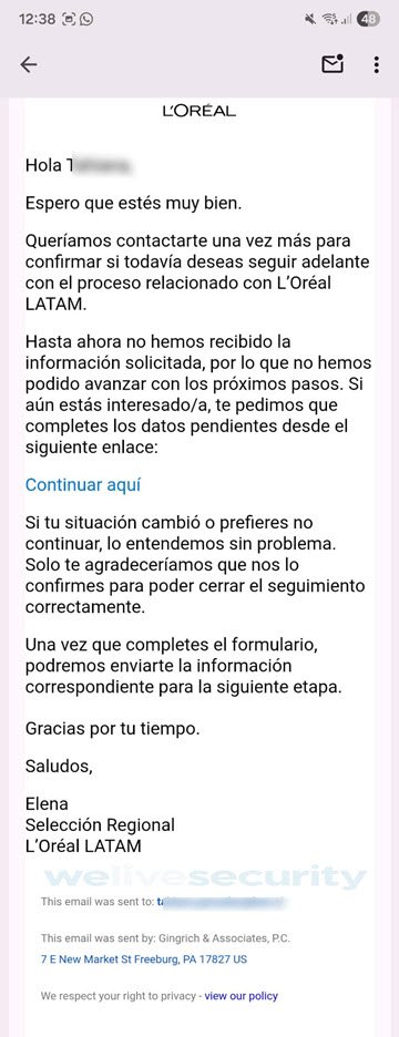 Estafa laboral a nombre de L'Oréal, identificada por ESET