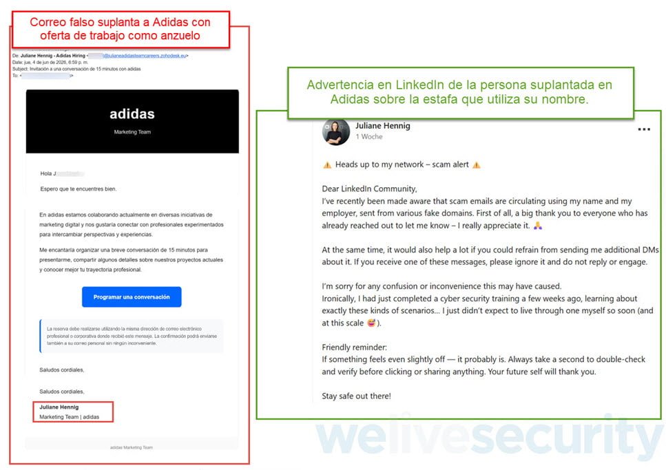 Estafa laboral a nombre de adidas, identificada por ESET