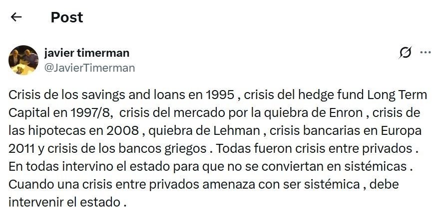 El mensaje de Javier Timerman con grandes crisis y la intervención del Estado