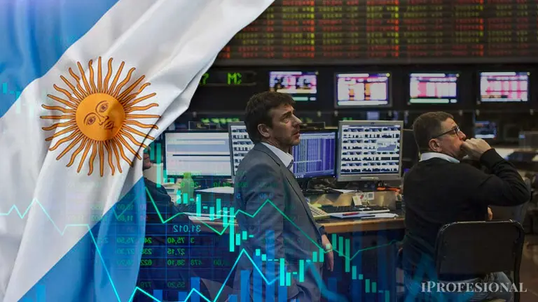 Una bandera argentina, con la imagen de la bolsa porteña y gráficos de barras. Imagen generada por iProfesional