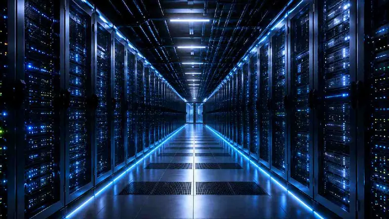 Imagen de un centro de datos o data center, con todas las computadoras prendidas