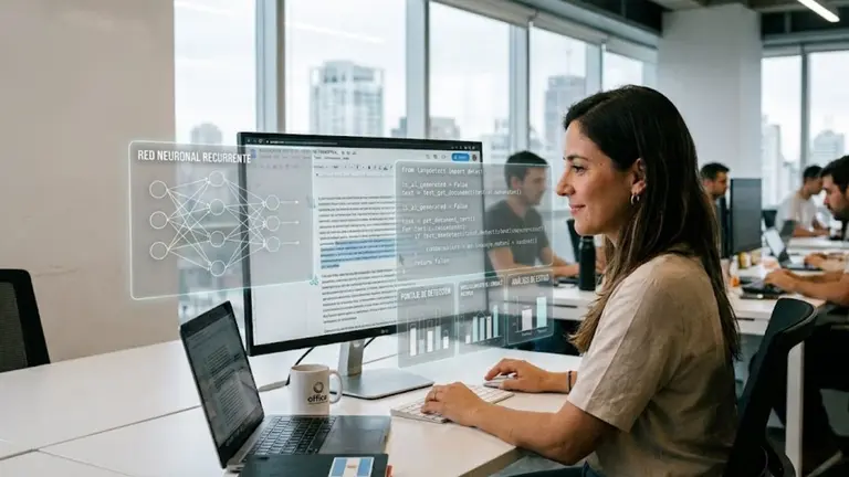 Una mujer trabajando en una computadora con IA.